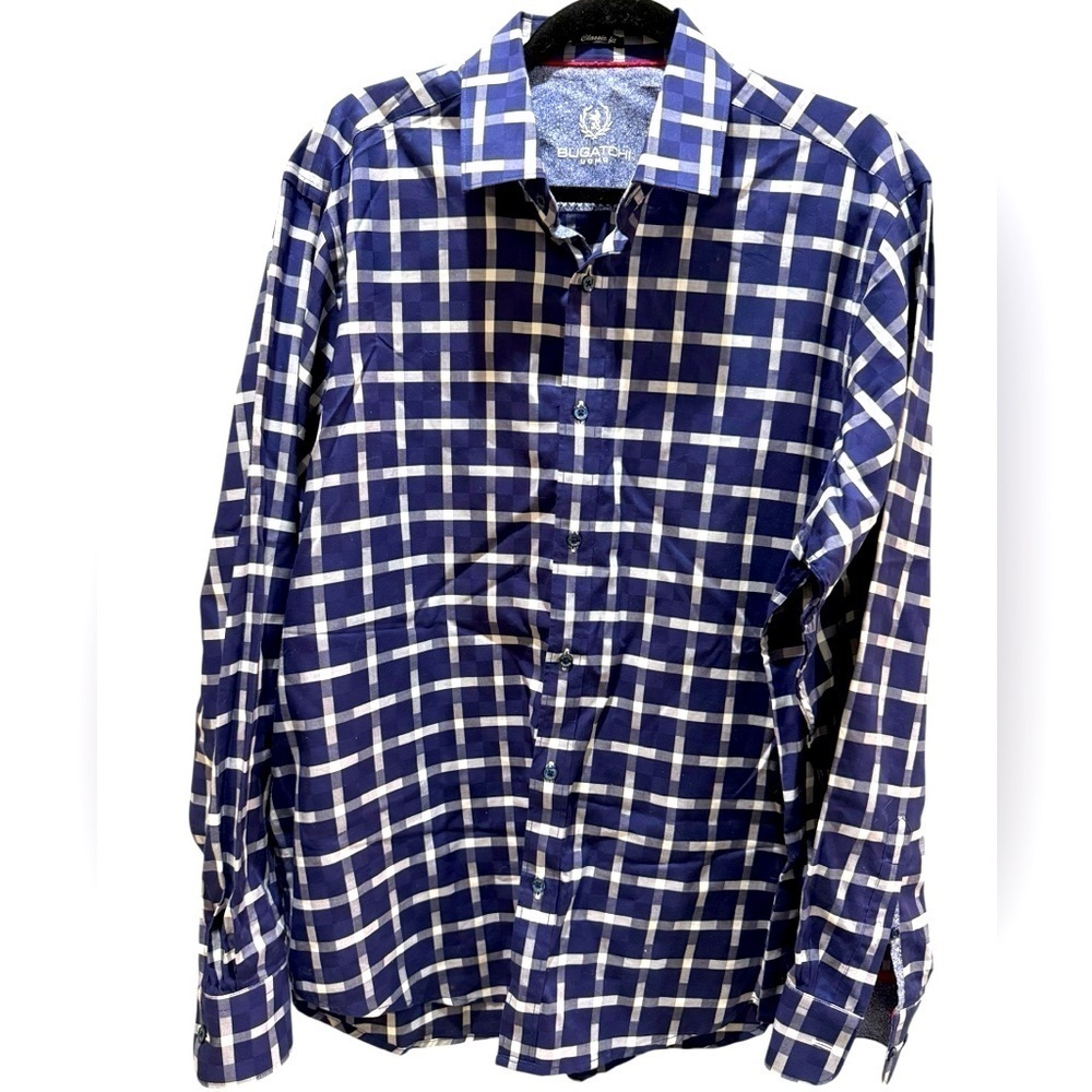 Navy check bugatchi uomo 100% cotton button down see measurements xl